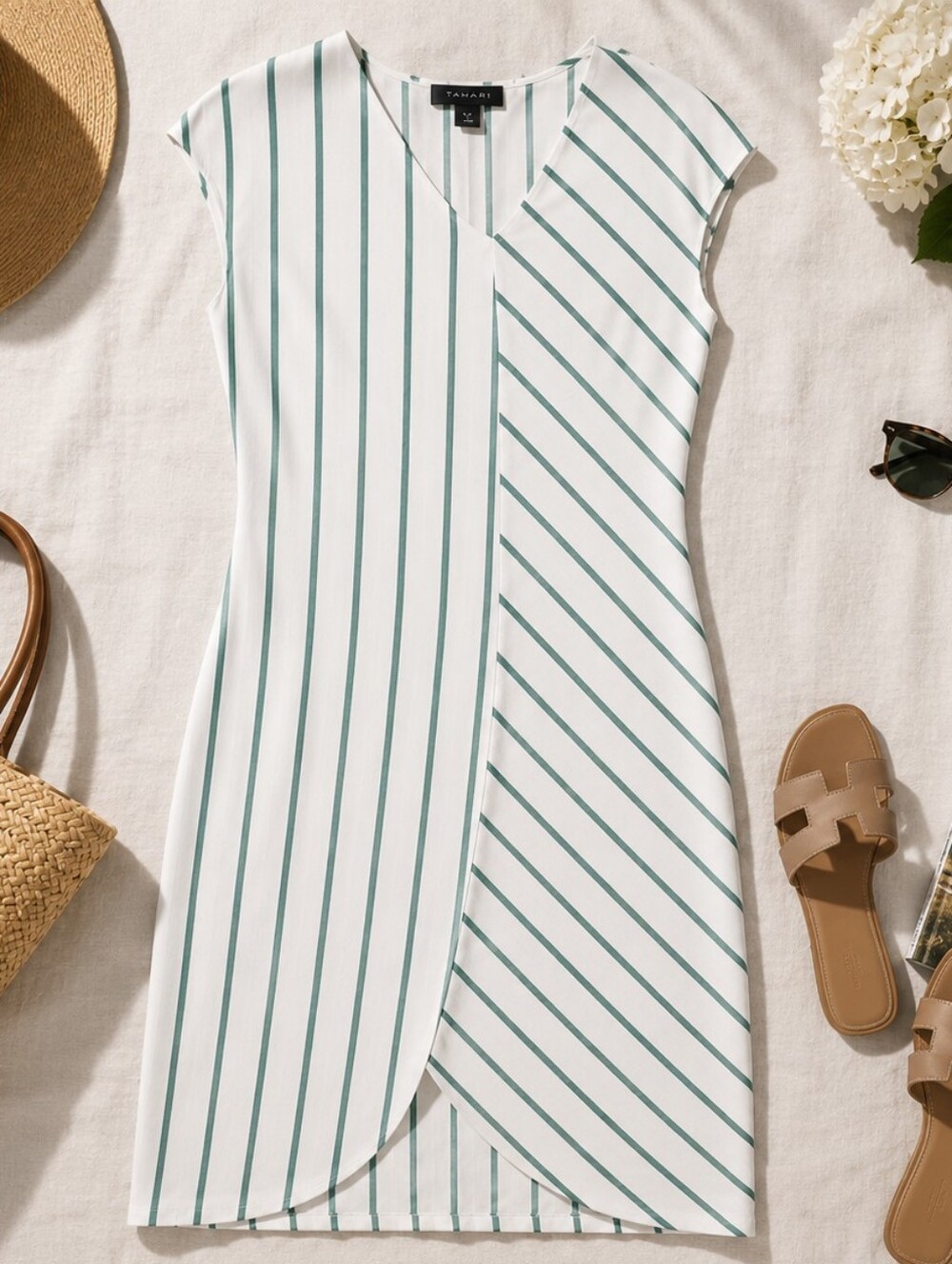 TAHARI LINEN BLEND Sleeveless Green Stripe V-Neck Cover-Up Dress - Picture 2 of 6